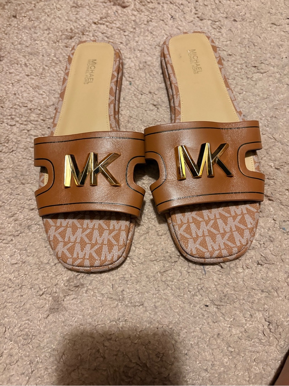 MICHAEL Michael Kors Brown Slides with Gold MK Logo